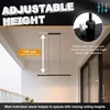A modern LED pendant light is shown hanging from a ceiling, with text and graphics highlighting its adjustable height feature. Produktbild-Vorschau