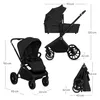 Multiple views of a black stroller, including a bassinet attachment, a seat attachment, and a folded view, with dimensions indicated. Voir les images du produit