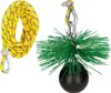 A yellow rope with a metal loop and a black ball with green bristles attached to a metal hook. Produktbild-Vorschau