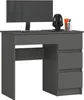 A dark gray computer desk with a monitor, headphones, and pens on top. Produktbild-Vorschau
