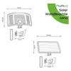 Diagrams and text illustrating the dimensions and branding of a solar wall light. Produktbild-Vorschau