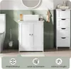 A bathroom scene featuring a white washbasin cabinet and a tall white storage cabinet. Produktbild-Vorschau