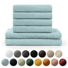 A stack of light blue towels on a white background, with a row of color swatches below. Produktbild-Vorschau