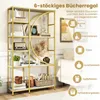 A gold and white 6-tier bookshelf filled with various decorative items and books, with overlaid text and icons highlighting its storage capabilities. Náhľad obrázku produktu