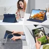 Collage of images showing a woman using a tablet, a tablet in a case, a tablet being placed in a bag, and a person holding a tablet. Produktbild-Vorschau
