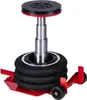 A pneumatic jack with a black rubber lifting pad and a silver telescopic cylinder, mounted on a red metal base with wheels. Produktbild-Vorschau