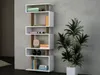 A modern white bookshelf with walnut accents is displayed against a textured gray wall, with a large green plant in a white pot to the right. Produktbild-Vorschau
