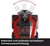 A close-up view of a red and black snow blower with animated dots indicating snow being thrown. Produktbild-Vorschau