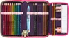 An open pencil case filled with colored pencils, a ruler, an eraser, and a sharpener. Produktbild-Vorschau