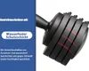 A close-up of an adjustable dumbbell with text overlays describing its features. Produktbild-Vorschau