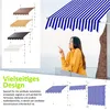 A woman is standing on a balcony pointing at a blue and white striped awning. The image also shows a collage of different awning colors and styles. Produktbild-Vorschau