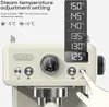 Close-up of a beige espresso machine with a digital display showing temperature settings and a hand pressing a button. Náhled obrázku produktu
