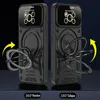 Two black phone cases with camera lens protection and a rotating ring holder are shown against a dark background. Produktbild-Vorschau