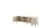 A modern, light-colored TV cabinet with its doors open, standing on black legs against a white background. Produktbild-Vorschau