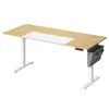 A standing desk with a light wood top and white legs, featuring a gray storage organizer attached to one leg. Produktbild-Vorschau