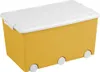A yellow toy box with a white lid and wheels, isolated on a white background. Produktbild-Vorschau