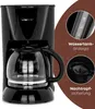 A black Clatronic coffee maker is shown with close-up insets highlighting its water tank level indicator and drip-stop feature. Náhľad obrázku produktu
