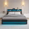 A modern bedroom with a large bed featuring integrated storage and LED lighting. Produktbild-Vorschau