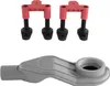 Two red and black toilet tank fixing brackets are shown above a gray toilet cistern outlet pipe. Náhľad obrázku produktu