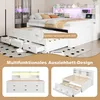 A white storage bed with drawers and a pull-out guest bed, featuring a shelf with LED lighting above the headboard. The image is a collage of different views and close-ups of the bed. Produktbild-Vorschau