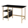 A black and wood-colored desk with shelves on a white background. Produktbild-Vorschau