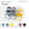A collage of folding chairs in various colors, with color swatches and names below. Produktbild-Vorschau