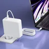 A white USB-C power adapter is plugged into a wall outlet and connected to a laptop. Podgląd zdjęcia produktu
