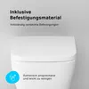 A close-up view of the top of a white toilet, with marketing text and icons overlaid on the image. Produktbild-Vorschau