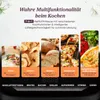 A marketing image showcasing different cooking functions of an air fryer with accompanying food. Produktbild-Vorschau