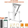 A white background with a motorized TV ceiling mount, a remote control, and a smartphone displaying an app. Anteprima dell’immagine prodotto