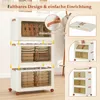 A stack of three foldable storage boxes with clear doors, showing them filled with folded clothes and other items. There are also inset images showing the box folded, and a close-up of a handle. The main image has text overlays. Voir les images du produit