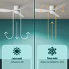 Collage showing a white ceiling fan in two different modes: summer (cooling) and winter (heating efficiency). Diagrams illustrate airflow direction for each mode. Náhled obrázku produktu