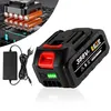 A product shot of a battery pack and charger, with a close-up view of the battery cells in the background. Produktbild-Vorschau