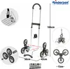 A collage of images showing a shopping trolley with dimensions and features, including a person using it on stairs. Podgląd zdjęcia produktu