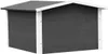 A dark gray wooden dog house with a white trim and a gray asphalt roof, shown from a diagonal angle against a white background. Produktbild-Vorschau