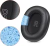 Close-up views of headphone ear pads, showing material texture and a blue foam insert. Voir les images du produit