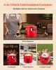 A collage of images showcasing a red insulated container used as a drink dispenser, ice bucket, food warmer, and outdoor cooler. Produktbild-Vorschau