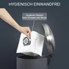 A hand is shown inserting a vacuum cleaner bag into a trash can. Produktbild-Vorschau