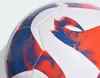 A close-up view of a white soccer ball with blue and orange abstract patterns. Produktbild-Vorschau