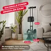 A rowing machine is shown in a living room setting, with dimensions indicated by overlays. Produktbild-Vorschau
