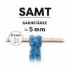 A close-up of blue yarn wrapped around a wooden stick, with text overlays indicating product details. Produktbild-Vorschau