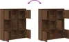 Two identical brown wooden bookshelves are shown side-by-side against a white background. The shelves have multiple compartments, and some of the doors are open, revealing the interior. An arched purple arrow graphic is displayed above the bookshelves, ind Náhled obrázku produktu