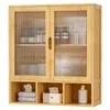 A wooden wall cabinet with fluted glass doors and open compartments below. Voir les images du produit