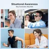 A collage of four images showing people using wireless earbuds in different situations: working, driving, running, and working on a laptop. Produktbild-Vorschau