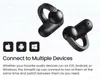 Two black wireless earbuds are shown against a white and light gray background, with icons representing Apple, Android, and Windows devices below them. Text describes the product's ability to connect to multiple devices. Voir les images du produit