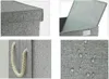 Collage of four images showing details of a gray fabric storage box with a lid and rope handles, including a close-up of the lid, the interior, a handle, and a water-repellent surface. Podgląd zdjęcia produktu