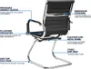 A black visitor chair with a metal frame, featuring labels pointing out its various components and features. Produktbild-Vorschau