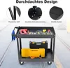 A black two-tier tool cart filled with various tools and toolboxes, presented in a studio-like setting with a blurred background. Podgląd zdjęcia produktu