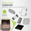 A black air fryer is shown with various accessories displayed around it, along with text highlighting its features and included items. Produktbild-Vorschau