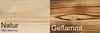 A split image showing two wood finishes: 'Natur' (natural) and 'Geflammt' (flamed). Produktbild-Vorschau